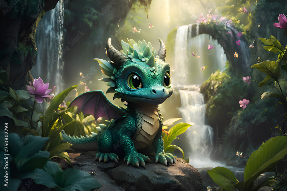 adorable cutest dragon kid seating at stone near waterfall around flowers.chinise horoscope symbol. AI generated