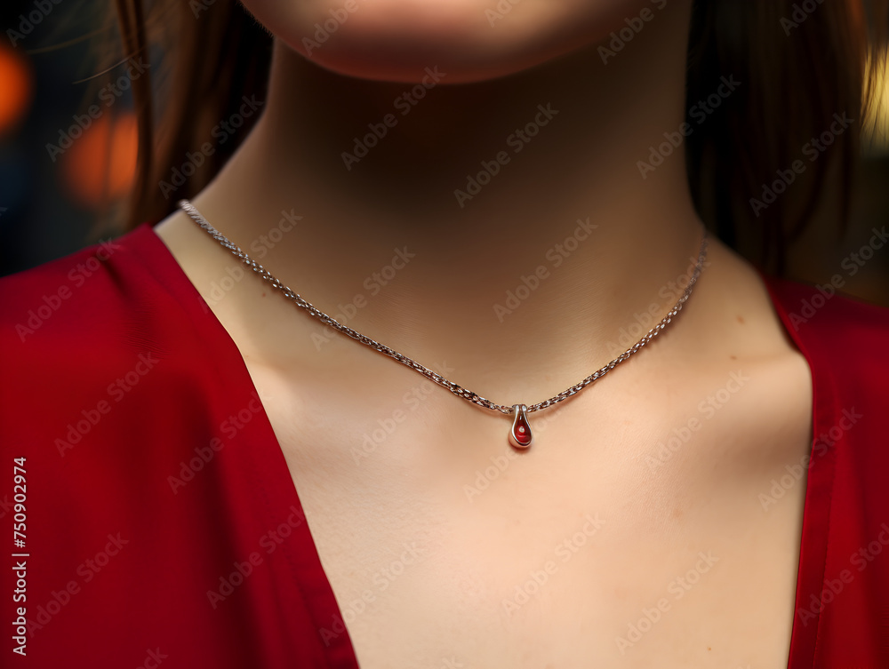 Close up portrait of a red ruby necklace on a beautiful woman