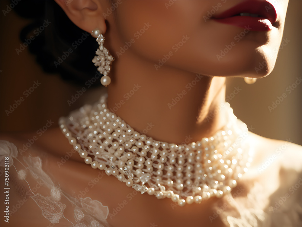 Close up of a hispanic woman's neck with a pearls necklace 