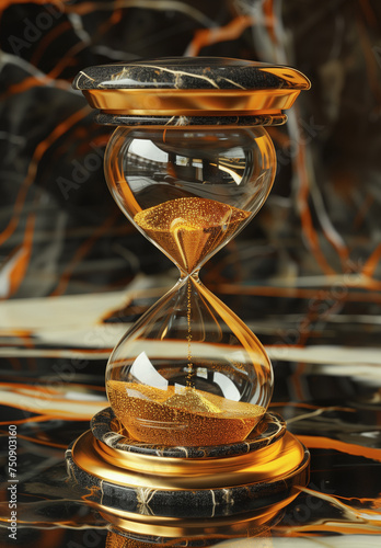 a gold hourglass with gold sand on a dark background