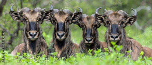 a group of goats standing next to each other on top of a lush green field with trees in the background.