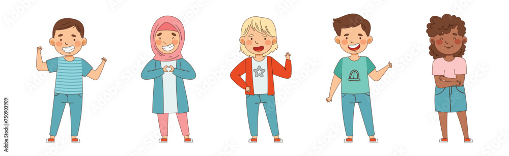 Cute Boy and Girl Showing Emoji Signs Vector Set Cute Boy and Girl Showing Emoji Signs Vector Set