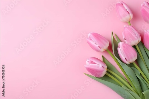 A bouquet of tulips on a soft pink background.Horizontal banner. Copy space for tex #750903908