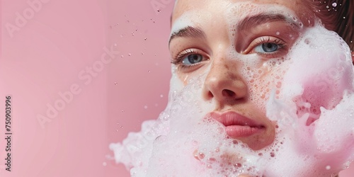 portrait of a beautiful girl, face wash, the concept of clean skin and self-care, cleansing and moisturizing the skin, soap bubbles, close-up, pink background