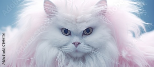 A close-up portrait of a beautiful white cat with fluffy fur, gracefully adorned with delicate pink feathers on its head.