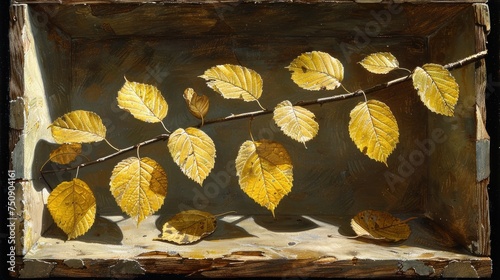 a painting of a branch with yellow leaves in a wooden box with a shadow of a branch on the ground. photo