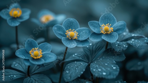 a group of blue flowers sitting on top of a lush green leaf covered forest covered in drops of water on a rainy day.