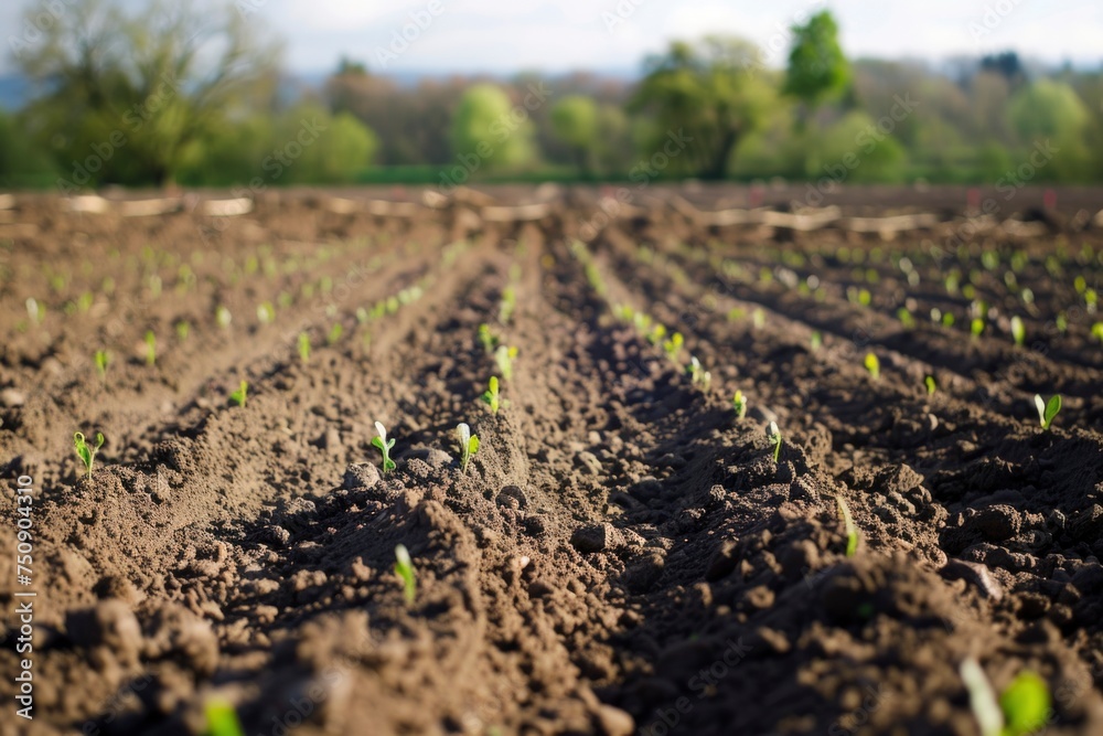 Young seedlings sprout in rows across farmland, signaling the start of a new crop cycle.. Young seedlings sprout in rows across farmland, signaling the start of a new crop cycle..