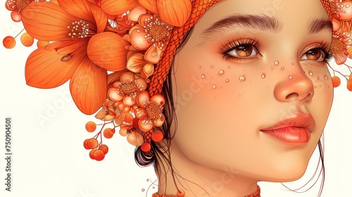 a digital painting of a woman's face with orange flowers in her hair and water droplets on her face. photo