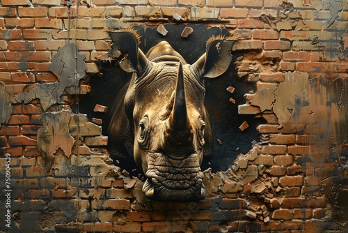 Fototapeta Naklejka Na Ścianę i Meble -  Immersive Rhino Encounter: 3D Hole in Wall Unveils Majestic Scene of Charging Rhino