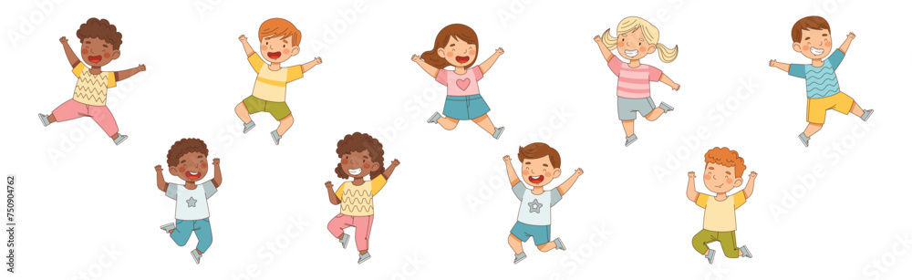 Happy Kids Jump with Joy and Excitement Vector Set Happy Kids Jump with Joy and Excitement Vector Set