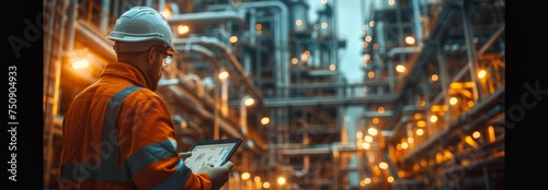 Worker Checking Tablet Amidst Glowing Industrial Refinery