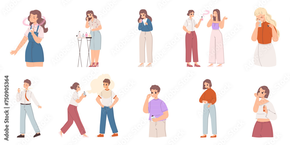 People and perfume. Adult using and trying fragrance, testing aromatic water in beauty store. Shopping cosmetics, perfumer at work, snugly vector set People and perfume. Adult using and trying fragrance, testing aromatic water in beauty store. Shopping cosmetics, perfumer at work, snugly vector set