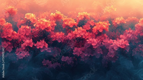 a painting of pink and red flowers on a blue and orange background with smoke coming out of the top of the flowers. photo