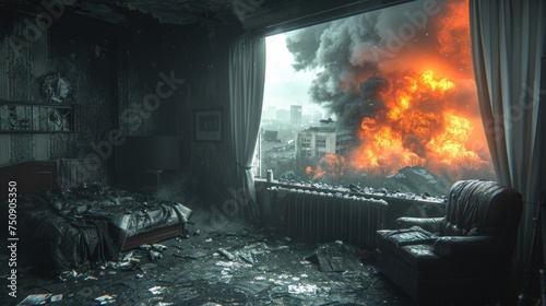 a bed room with a bed a chair and a fire raging out of the window and buildings in the background. photo