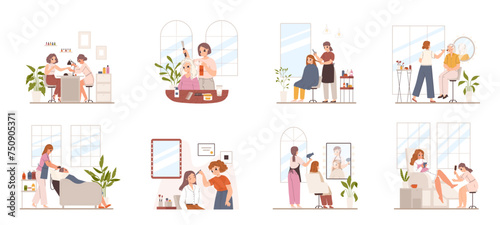Salon procedures. Woman at manicure, pedicure and hair style. Stylist and beauty professionals at work. Hairdressers, snugly vector scenes