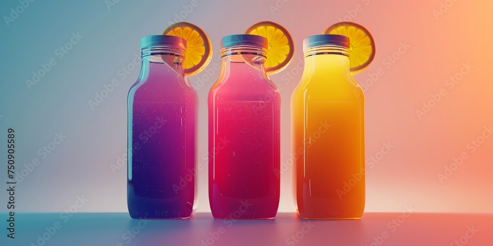 Colorful fruit juices in glass bottles with natural shadows and citrus slices