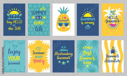 Hello summer cards design. Summer calligraphy and lettering phrases on colorful background. Printable seasonal hand drawn neoteric vector templates