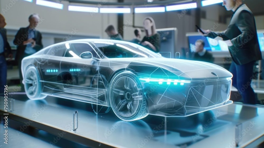 A futuristic car design is presented in a virtual showroom, illuminated by neon lights and showcasing the latest in automotive technology. AIG41 - obrazy, fototapety, plakaty 