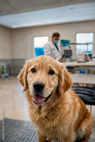 closeup of golden retriever puppy looking at camera  at the vet s office. Behind  out of focus  the veterinarian smiling. 