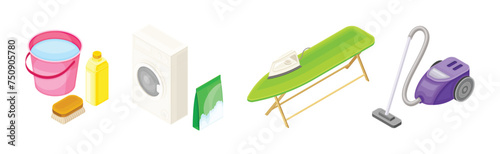 Household Cleaning Equipment and Object for Cleanup Isometric Vector Set