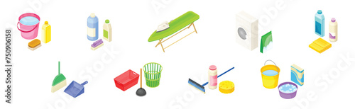 Household Cleaning Equipment and Object for Cleanup Isometric Vector Set