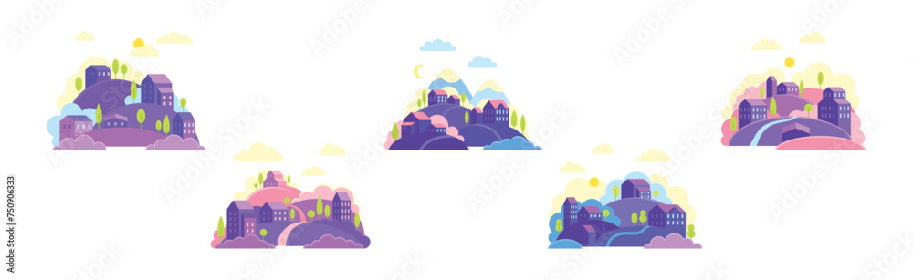 Small Town Scenes with House on Hills with Tree Vector Set