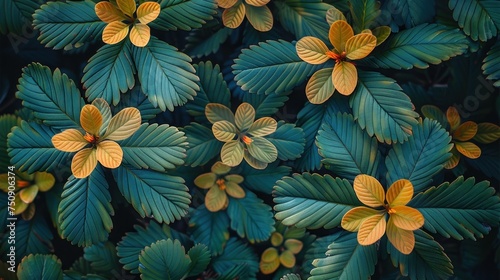 a close up of a bunch of leaves with yellow and green leaves on top of the leaves and bottom of the leaves on the bottom of the leaves.