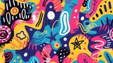 Naive playful abstract shapes in doodle grunge style in multi colored. Squiggles, circles, asterisk, infinity sign, dots and wavy bold lines. Vector illustration with colorful geometric elements.