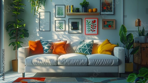 Modern living room with vibrant cushions on a plush grey sofa offers a relaxed atmosphere