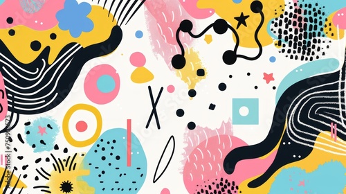 Naive playful abstract shapes in doodle grunge style in multi colored. Squiggles, circles, asterisk, infinity sign, dots and wavy bold lines. Vector illustration with colorful geometric elements.