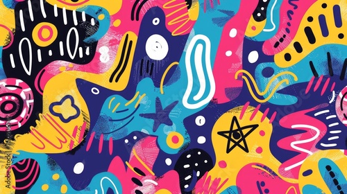 Naive playful abstract shapes in doodle grunge style in multi colored. Squiggles  circles  asterisk  infinity sign  dots and wavy bold lines. Vector illustration with colorful geometric elements.