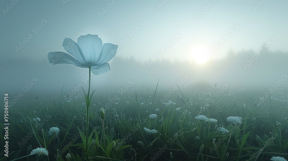 a single white flower sitting in the middle of a field of grass with the sun shining through the fog in the background.