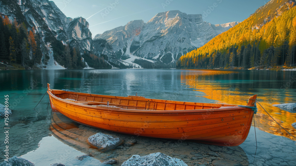 Beautiful view of traditional wooden rowing boat on scenic Lago di Braies in the Dolomites in scenic morning light at sunrise, South Tyrol, Italy.