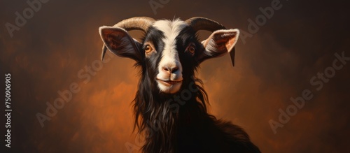 This painting depicts a domestic goat with long, flowing hair. The goat is portrayed in a realistic style, showcasing its unique features and charming appearance.