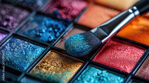 Close-up of vibrant eyeshadow palette with a brush touching one of the colors photo