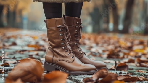Young woman in comfortable women's genuine leather boots close-up. New collection of winter shoes for stylish girls. Fashionable women's stylish leather boots. photo