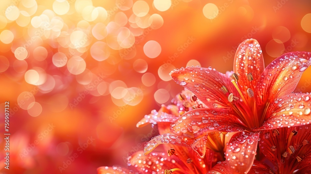 a close up of a red flower with drops of water on it and a boke of lights in the background. a close up of a red flower with drops of water on it and a boke of lights in the background.