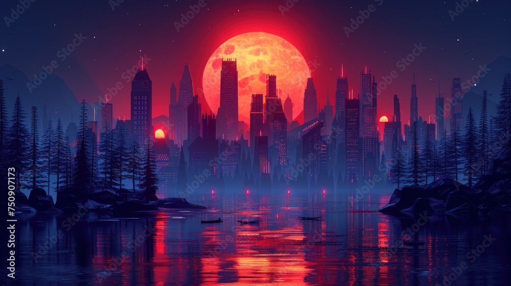 a painting of a city at night with a full moon in the sky and a lake in the foreground.