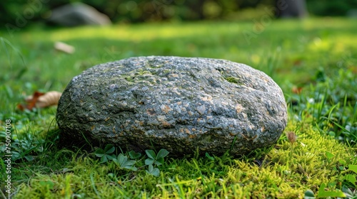 a large rock sitting on top of a lush green grass covered grass covered in lots of lichen and lichen.