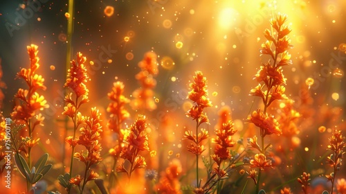 a close up of a field of flowers with water droplets on the flowers and the sun shining in the background.