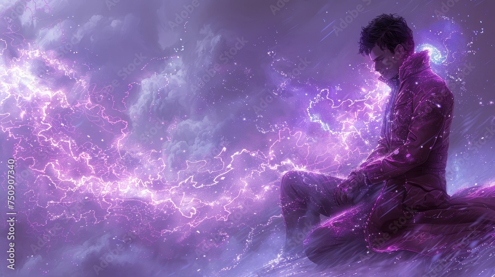a man sitting on top of a rock in the middle of a purple sky with lightning coming out of it.