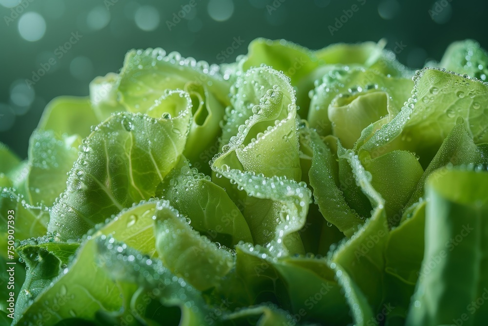 Close-up of fresh green lettuce with water droplets. Macro shot with bokeh effect. Organic and vegan food concept. Design for grocery, poster, health food advertisement