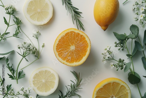 Sliced lemons and orange with herbs and flowers on white background. Flat lay composition with place for text. Freshness and healthy eating concept. Design for banner, poster, wallpaper photo
