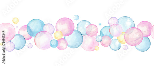 Seamless border of pink, blue, yellow polka dots. Multicolored circle in soft pastel colors. Creative minimalist style. Splashes, bubbles, round doodle spots. Watercolor illustration isolated on white photo