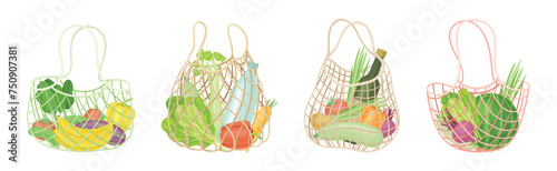 Shopping Mesh or Net Bag with Various Grocery Product Vector Set