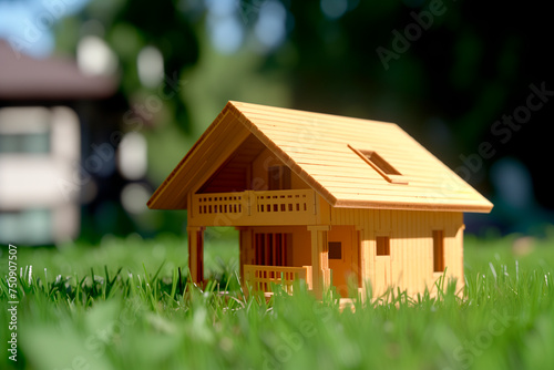 Wooden model of house on grass, summer outdoor, new home concept