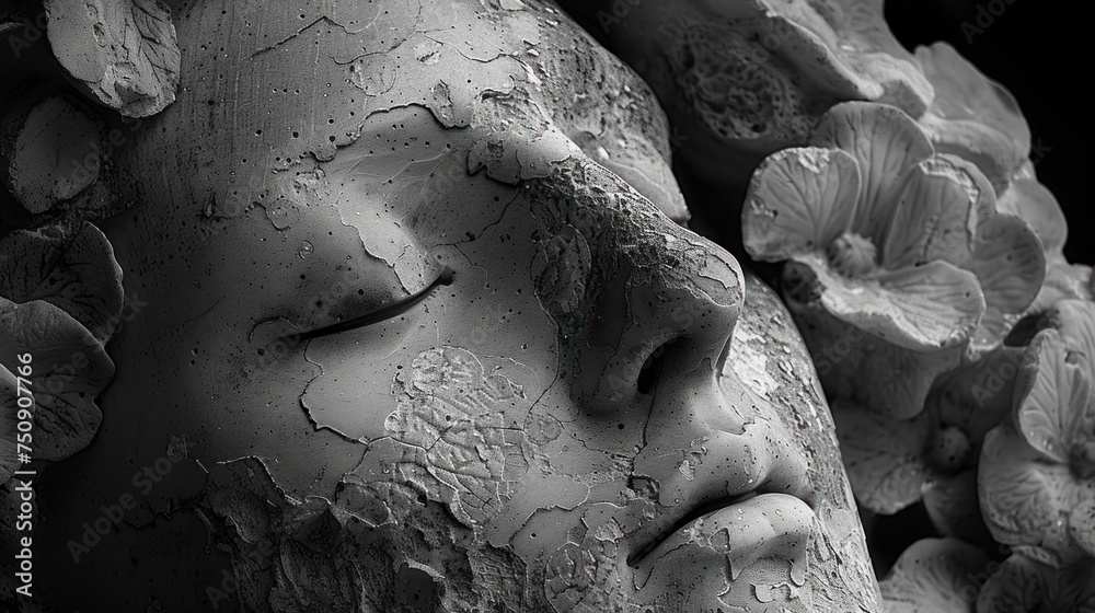 a black and white photo of a statue of a woman's head with flowers around her neck and eyes closed.