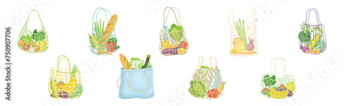 Shopping Mesh or Net Bag with Various Grocery Product Vector Set