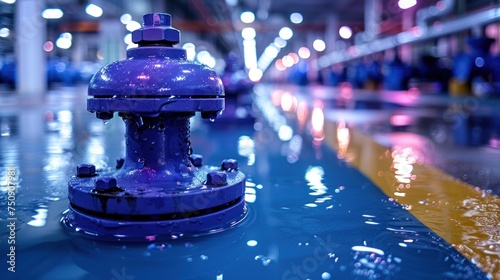 a purple fire hydrant sitting on the side of a wet road in the middle of a city at night. photo